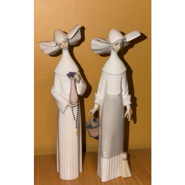 Lladro Figurines: Nun Holding Vase 10.5 T, Holding Mop and Bucket 10 T
