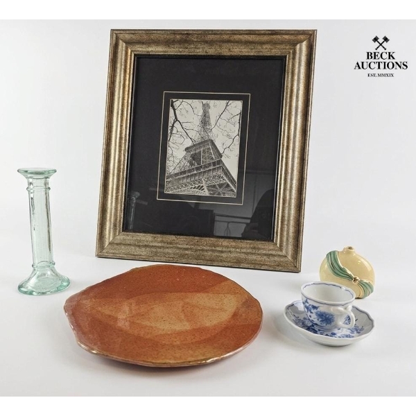 Framed Eiffel Tower Photograph 20''H*17''W, Ceramic Dishes, And A Glass Candlestick 8''INCHES 