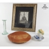 Image 1 : Framed Eiffel Tower Photograph 20''H*17''W, Ceramic Dishes, And A Glass Candlestick 8''INCHES 