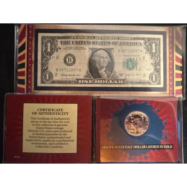 1963B $1 Joseph Barr Federal Reserve Note CU Condition & Silver 1964 JFK Half Dollar 