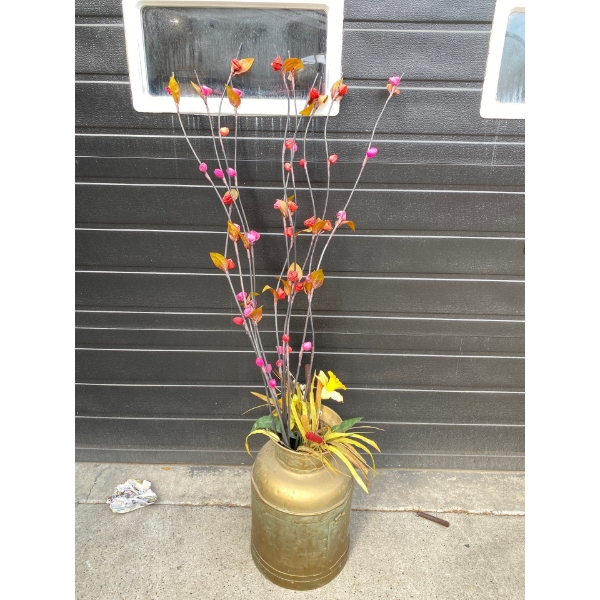 Large Vintage Metal Milk Jug w. Artificial Flowers 
