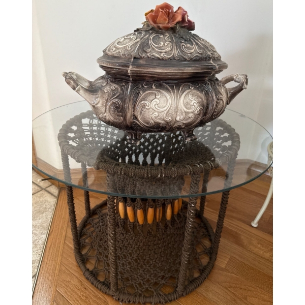 Hand Stitched Macrame End Table w/ Decorative Italian Soup Taurine 17T