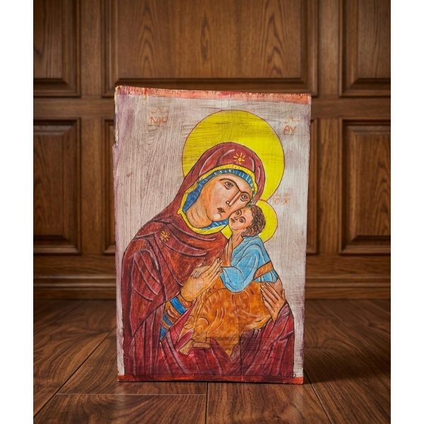 Hand-Painted Orthodox Icon Of The Virgin Mary And The Infant Christ 9''W 13''H