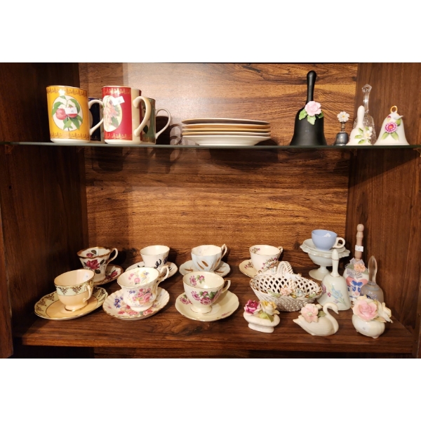 Teacups/ Saucers by Royal Albert,  Royal Adderley, American Atelier, etc.., Bells and Other Decor