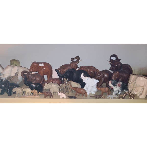 Collection of Elephant Decor: Wood, Stone, Ceramic- Includes: Wooden Pair 11 W, 6.5 T