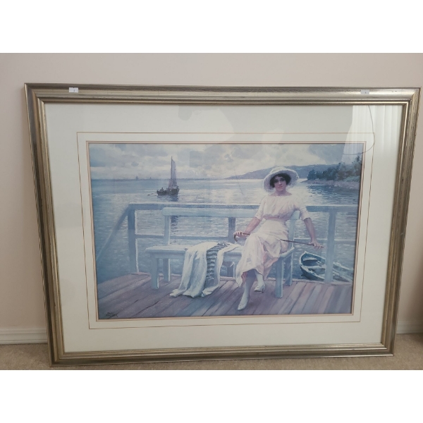 Print of Woman Sitting Lakeside, Artist: Paul Fischer, Framed Under Glass 38 X 29.5