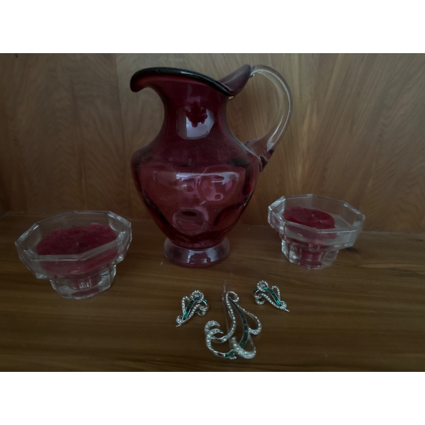 Ruby Red Glass Pitcher, Crystal Candle Holders, & Vintage Jewelry Set