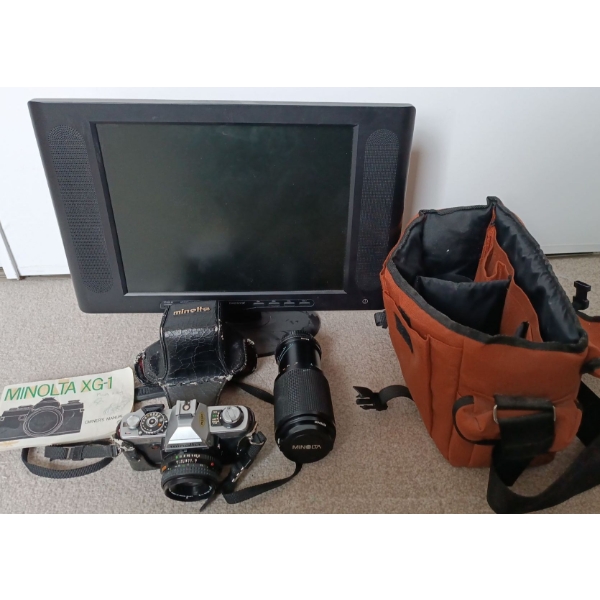 Vintage Minolta XG-1 Camera Plus Lenses  & Daenyx 28" LCD TV  Model#. DM-153