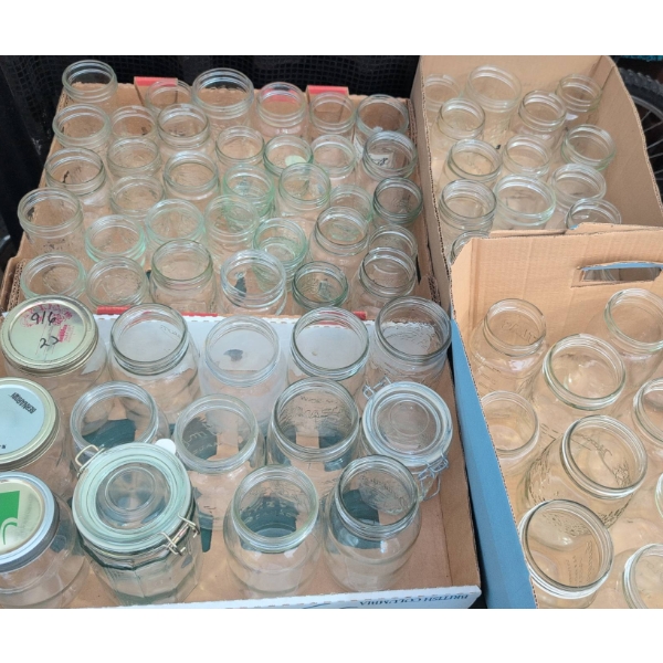 Large Assortment of Clear Glass Jars with Lids