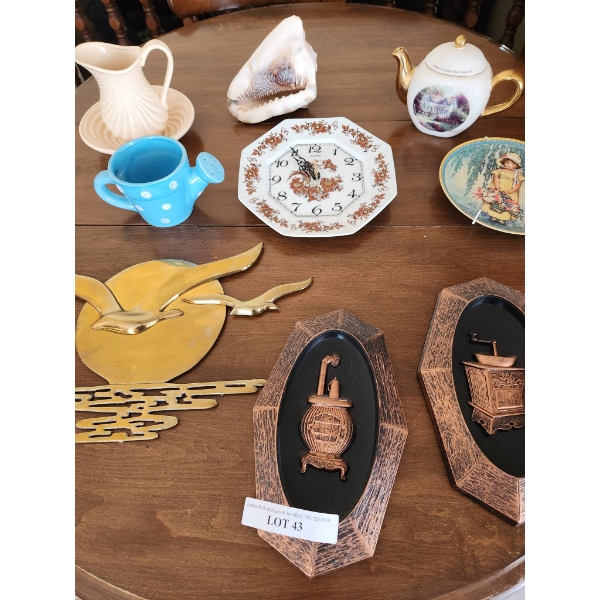 Decorative Items Featuring Ceramic Pitcher, Brass Wall Plaque, and More