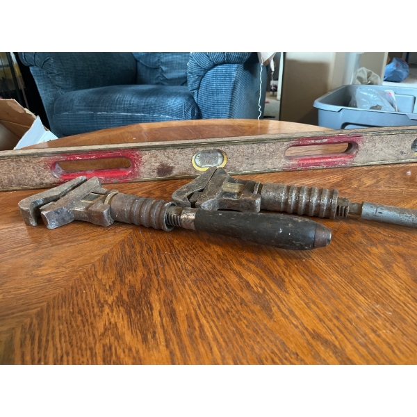  Antique Stanley level and two antique pipe wrenches