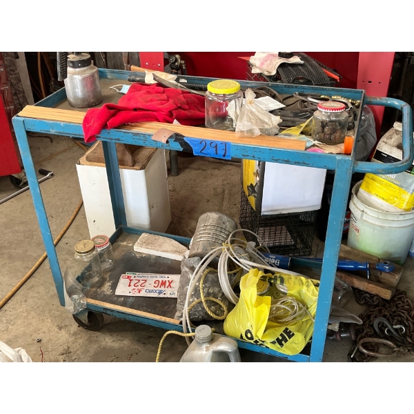 blue rolling shop cart with contents