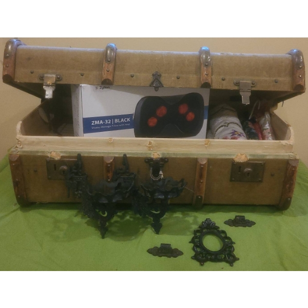 Canvas-Clad Steamer Trunk with Ornate Metal Hardware and Contents