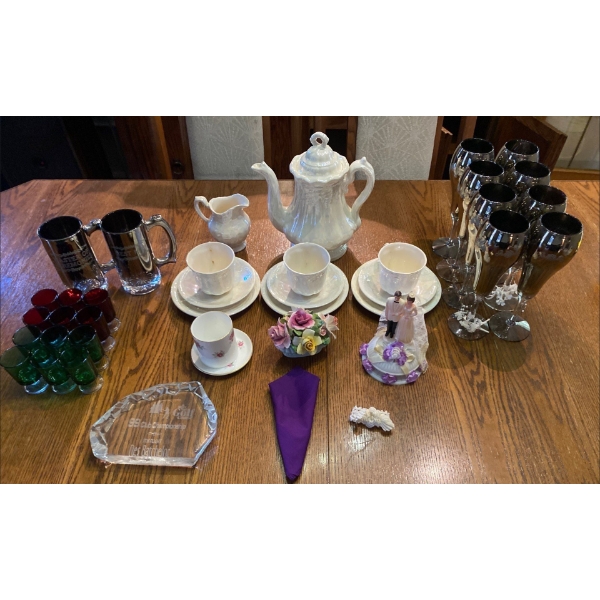 Pearl Tea Set w/ 2oz Ruby Red Shot Glasses Metallic Anniversary Stemware & More