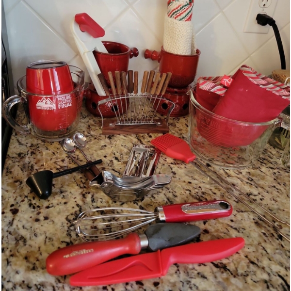 Fondue For Two & Assorted Fire Engine Red Colored Kitchen Accessories 