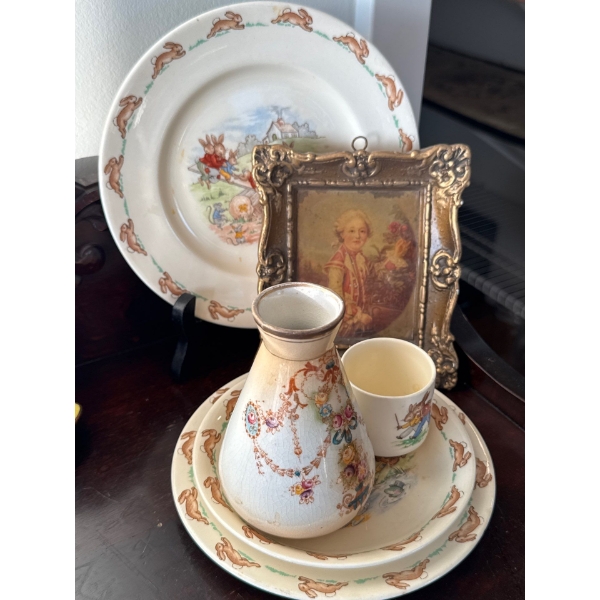 Royal Doulton's - 'Bunnykins' China w/ Antique Portrait In Gold Gilt Frame 4T