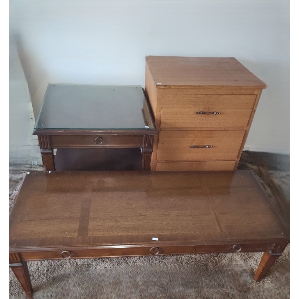 Wooden Coffee Table  47 W, 19 and Matching Side Table, and 3 Drawer Table on Wheels 23 W, 19 D, 30 T