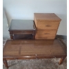 Image 1 : Wooden Coffee Table  47 W, 19 and Matching Side Table, and 3 Drawer Table on Wheels 23 W, 19 D, 30 T