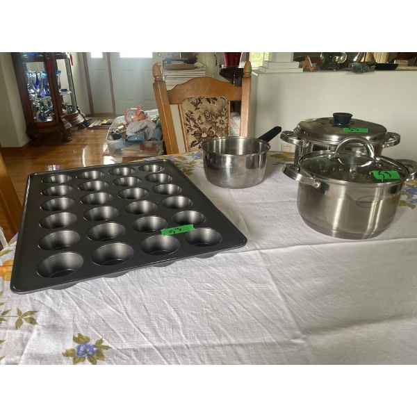Set of 3 Stainless Pots and 24 Muffin Tin