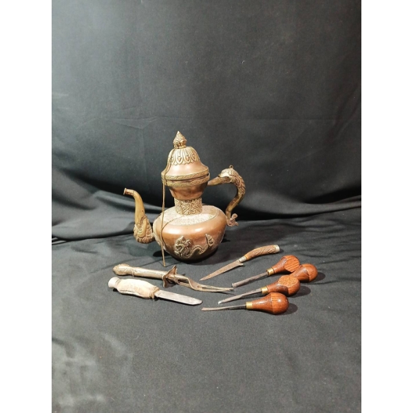 Tibetan Teapot with Carving and Cutlery