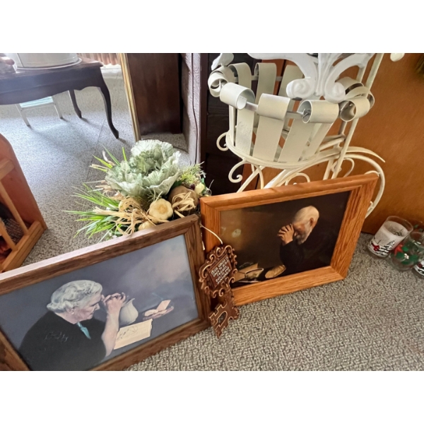 Planter tricycle, additional plant stand, vintage collectible of framed print set of "Grace" and "Gr