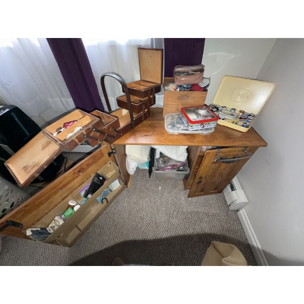 Sewing Cabinet With Supplies and Boxes