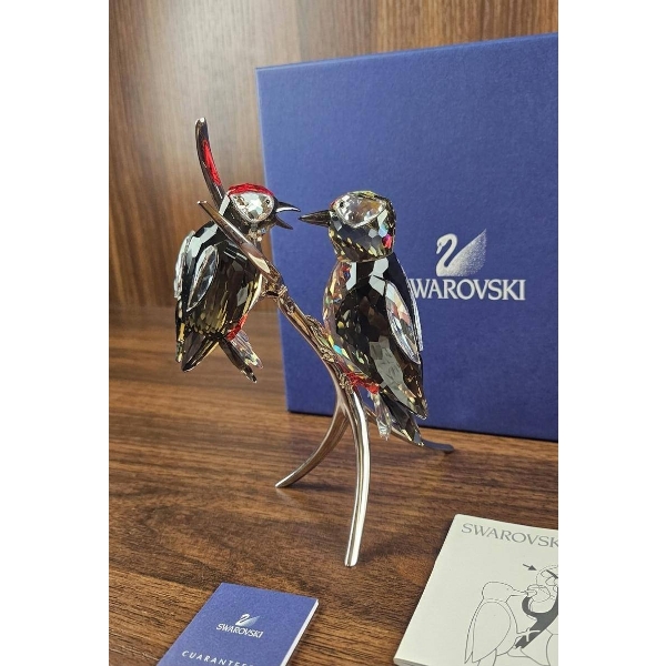 Swarovski Crystal Woodpeckers on a Polished Metal Branch