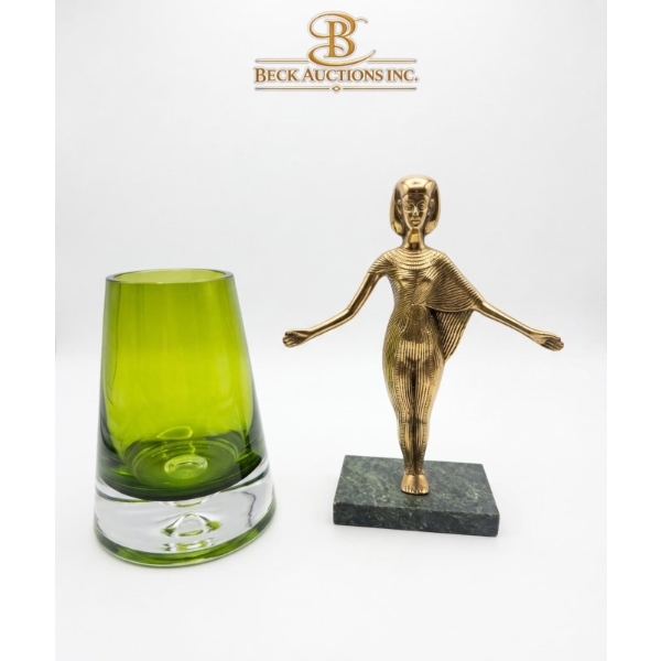 Decorative Sculpture Of The Egyptian Goddess Serket 9''INCHES HEIGHT, Green Glass Vase A Clear.