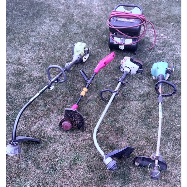 Four Gas String Trimmers and Motomaster Air Compressor