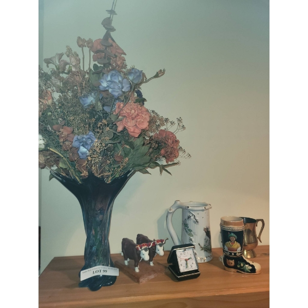 Art Glass Flower Vase with Floral Arrangement and Assorted Decorative Mugs
