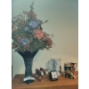 Image 1 : Art Glass Flower Vase with Floral Arrangement and Assorted Decorative Mugs
