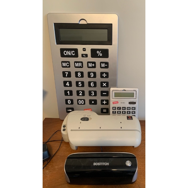 Xerox (Model X 30) & Bostitch (Model EHP3BLK) Electric Hole Puncher w/ Staples Calculators (2) 