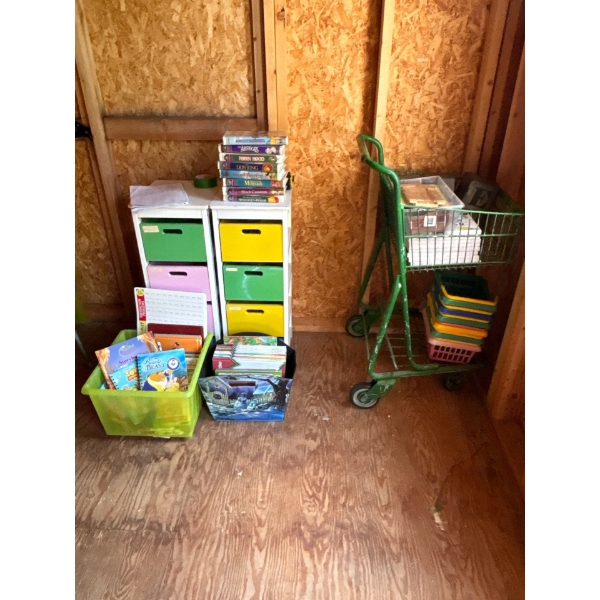 Lot Of Children's Books  Shelves Shopping H32" L12" W12" Cart With Toys & Disney VHS Movies