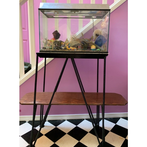 Aquarium (20W, 11D, 17T) w/ Childs Toys Plus Wooden + Metal and Wooden Shelving Unit (36W, 31T) 