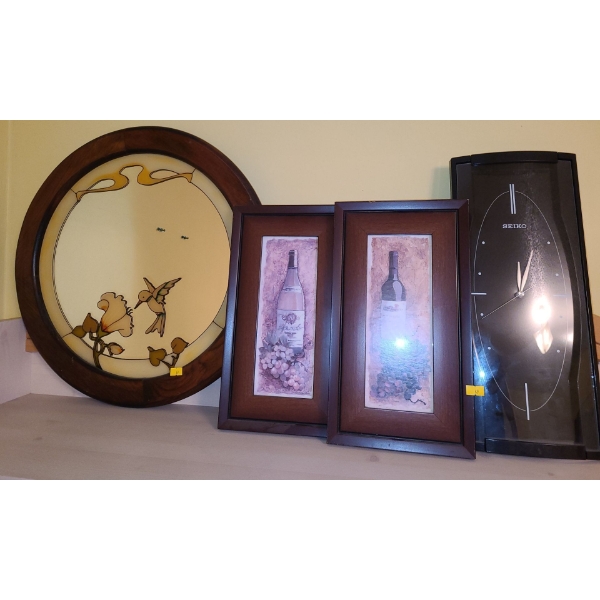 Bird Faux Stained Glass Mirror 19" Diameter, Wine Pictures 7.5 X 13.5, Seiko Plastic Clock 7 X 17