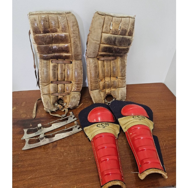 Vintage Hockey Gear, Including CCM Shin Guards and Ice Skate Blades