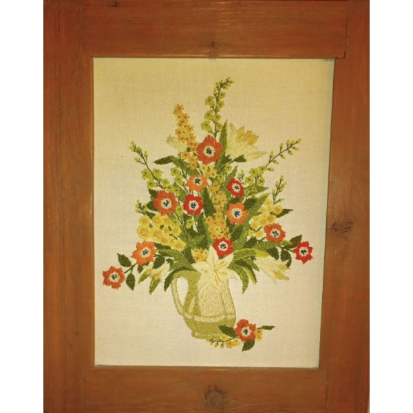 Large Vintage MCM Crewel Embroidery - Floral Symphony true Wuldflower Pitcher Crewel