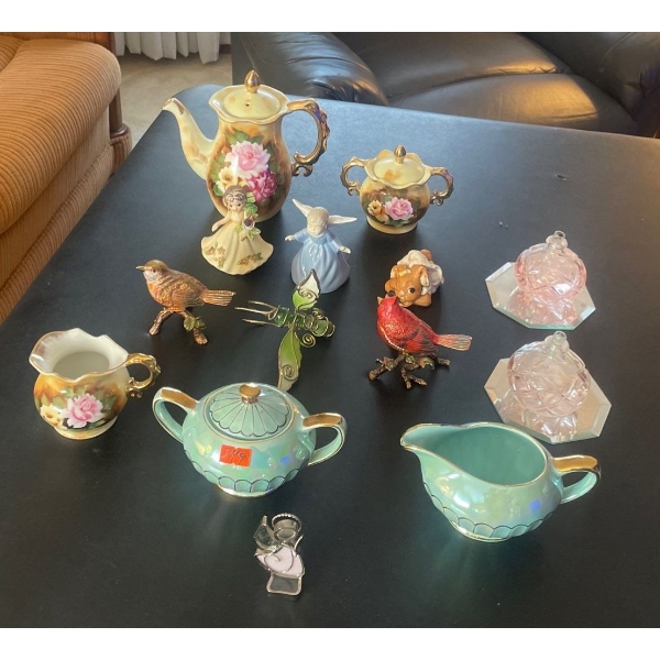Collection of Ceramic and Glassware. Teapots, Figurines, Candles, and more.