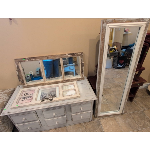 Distressed Wood Dresser With Attached Framed Mirror and Separate Full-Length Mirror