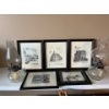 framed pictures from a book by LB Jensen, along with two antique glass oil lamps