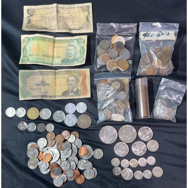 Foreign Coins and Bills Collection with 1902 and 1944 US dime