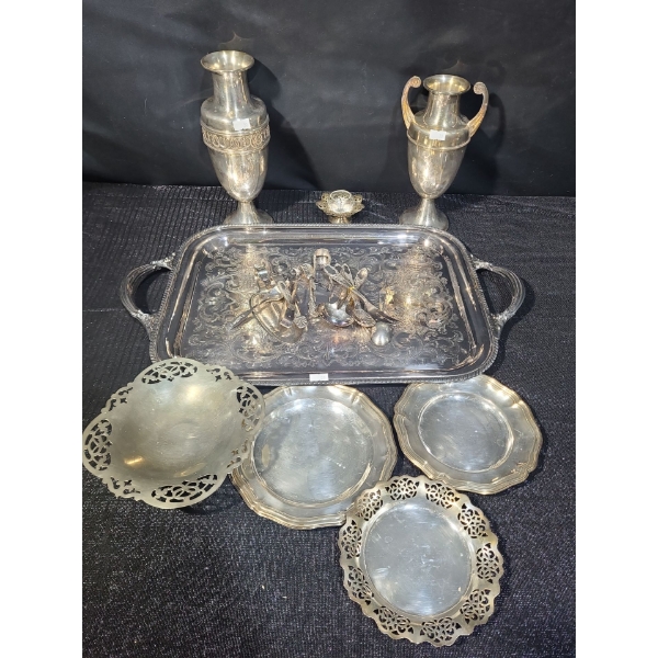 Stainless and EP Metal: Tray 21 X 13, Tallest Vase 10 T, Largest Plate 6.5 X 6.5, Spoons and More!