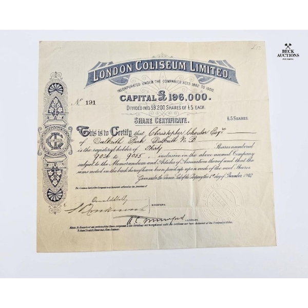  Vintage London Coliseum Limited Share Certificate From 1902. 10''HEIGHT , 11''WIDTH INCHES