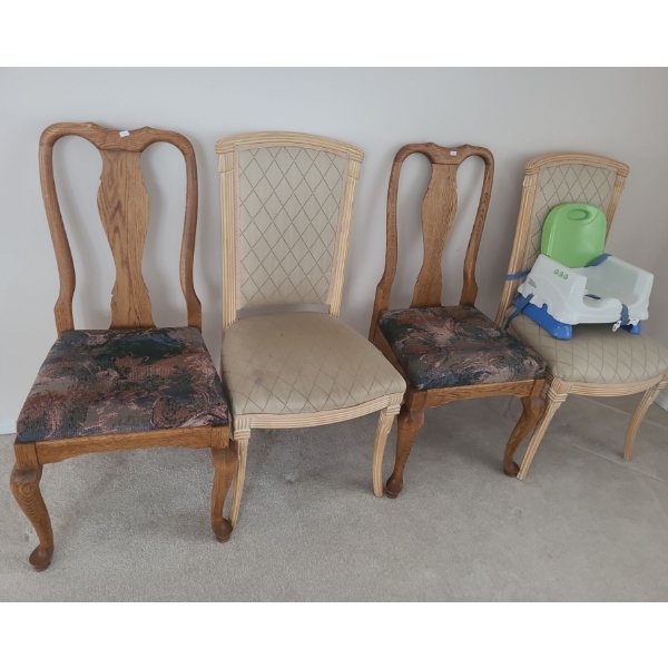 Dining Chairs: Two w/ Light Upholstery: 20 W, 18 D, 39.5 T and Two 18.5 W, 18.5 D, 39 T 