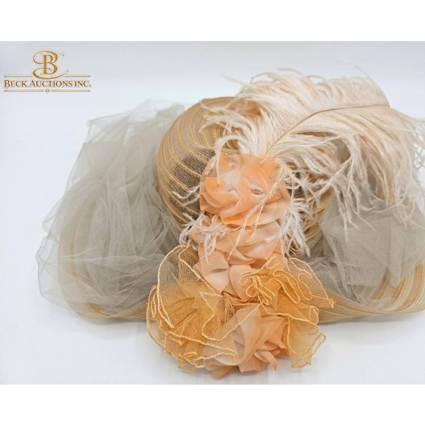 Hand-Made Headpiece with Pleated Ribbon, Feathers, and Floral Accents