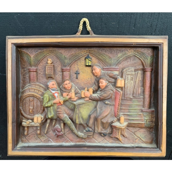 Antique Gunter Kerzen Wax Picture Pub Scene w/ Monk - 13.5W, 10T