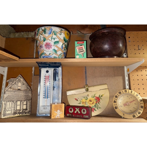 Shelf Of Vintage Items including Thermometer,Tin, & Gauge-Farmhouse Decor & More