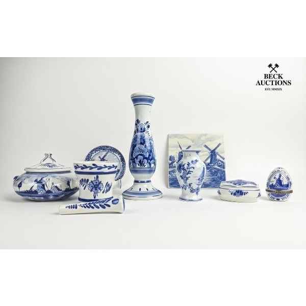 Delft  Lidded Casserole Dish, Mortar And Pestle, Small Plate, Candlestick, Vase, Lidded Trinket Box.