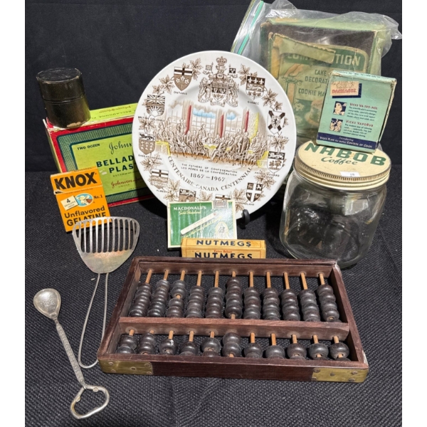 Collection Of Antique Items & Boxes  Nabob Coffee Jar, Nutmegs, MacDonald Menthol & More