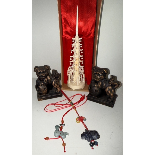 Carved Ivory Tower 10T w/ Bronze Fudogs & Chinese Zodiac Charms 